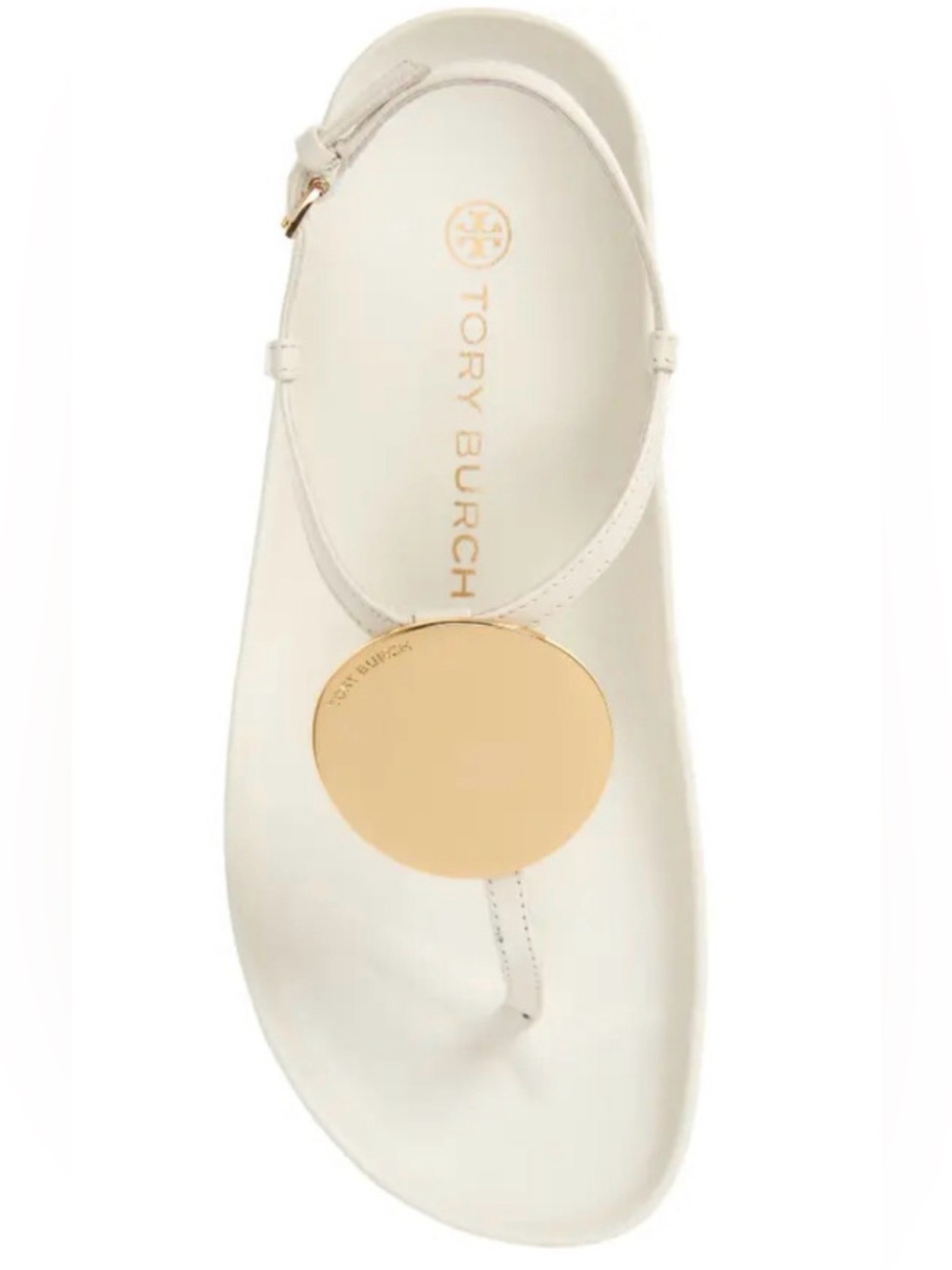 Tory Burch White Gold-Emblem Leather Thong Sandal